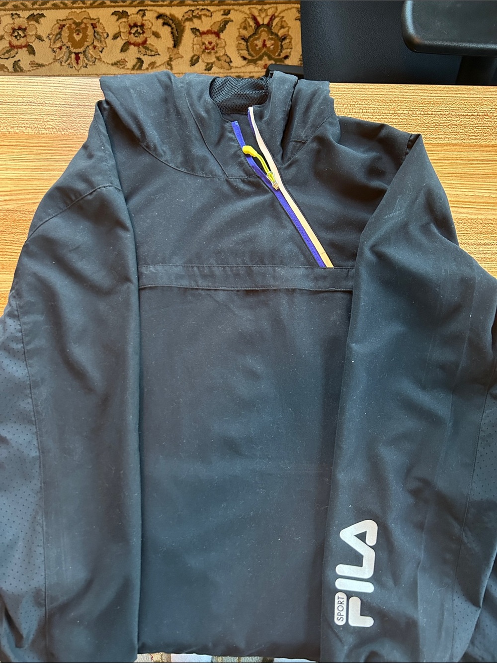 FILA Black Pullover Raincoat with Purple and Yellow Zip Accent